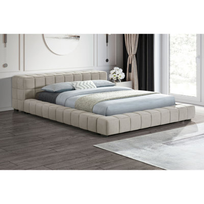 Lit plateforme double tapissier taupe clair Kinsley