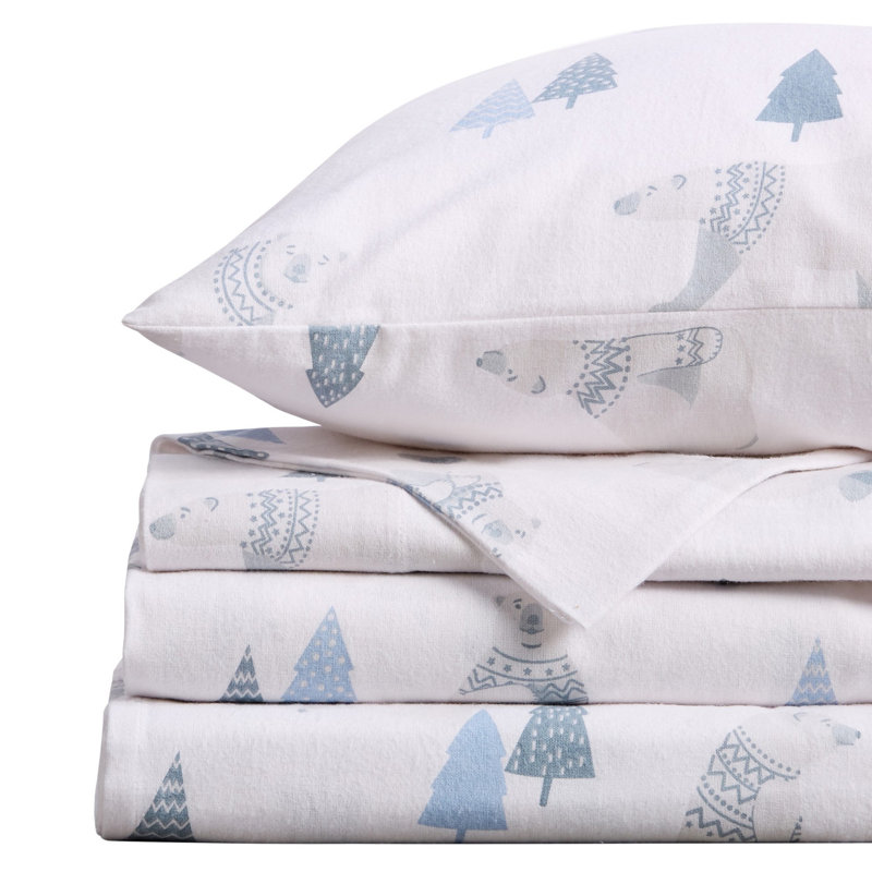 Full White Cotton Flannel Deep Pocket Sheet Set with Polar Bear Print