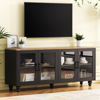 Meuble télé Farmhouse avec portes en verre trempé pour téléviseur de 70 po ou moins, buffet polyvalent avec tablettes réglables, armoire élégante avec 5 pieds en bois massif en forme de gourde pour le salon
