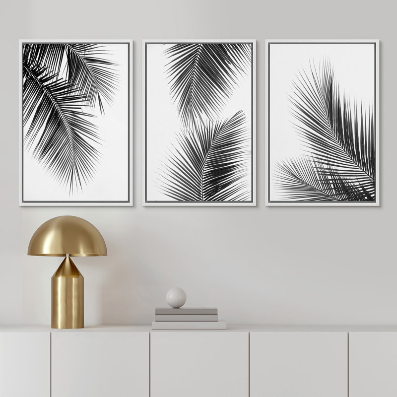 "Minimal Botanical" noir et blanc, palmier tropical, feuilles, impression sur toile encadrée moderne et organique, 3 pièces