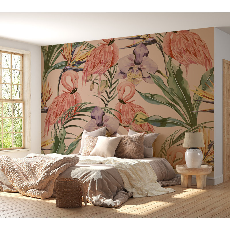 Murale pelez et collez de qualité supérieure - motif tropical Flamingo, L 96 po x l 120 po