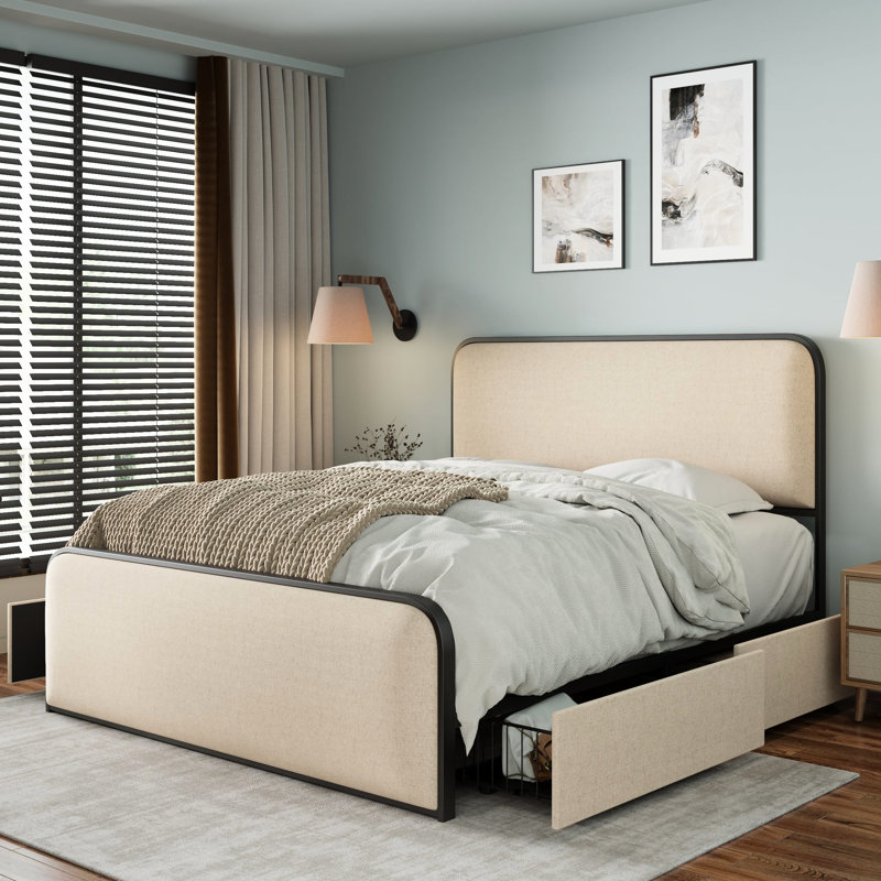 King Size Modern Bed Frame With Curved Upholstered Headboard And , 4 Storage Drawers, Skin - Material, 800 Lbs Weight Capacity Under Capacity, Linen