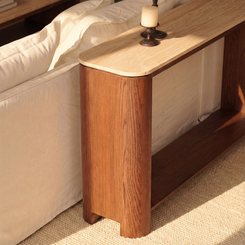 Ovelo Natural Oak Console Table with Travertine Top – Modern Entryway Sofa Table with Shelf, Brun