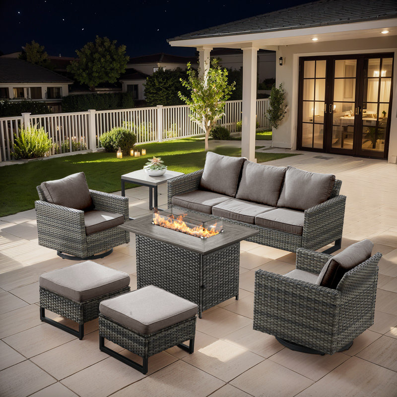 Naresa 7-Piece Outdoor Sofa Set, Wicker Patio Furniture Set With Fire Pit Table, All-Weather PE Wicker