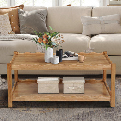 2-Tier Rectangular Coffee Table - Open Storage, Rubberwood Legs - Modern