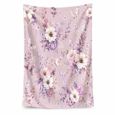 Serviette de plage délicate à motif floral de 1 pièce, avec un fond rose doux avec des bouquets complexes de fleurs gracieuses blanches et mauves. Microfibre à séchage rapide, parfaite pour les journées, les fêtes au bord de la piscine, les voyages et le design élégant.