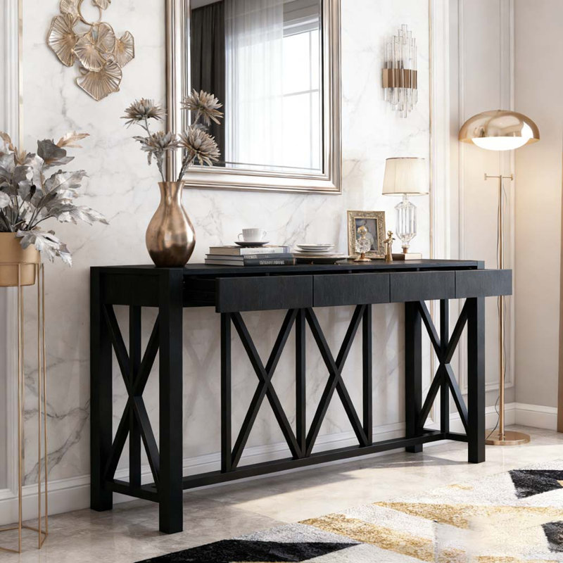 60''Acacia Veneer Console Table with 4 Spacious Drawers, Black