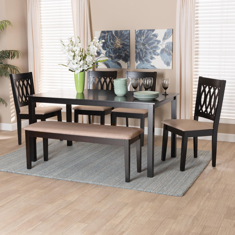 6 - Person Four Leg Dining Set, Espresso Brown,  Espresso Brown/Beige
