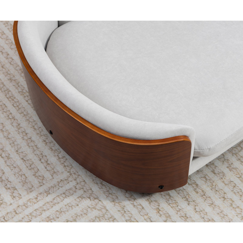 Lit pour chien surélevé de style scandinave avec pattes en bois massif et dossier en bois courbé noyer, velours gris clair, grande taille