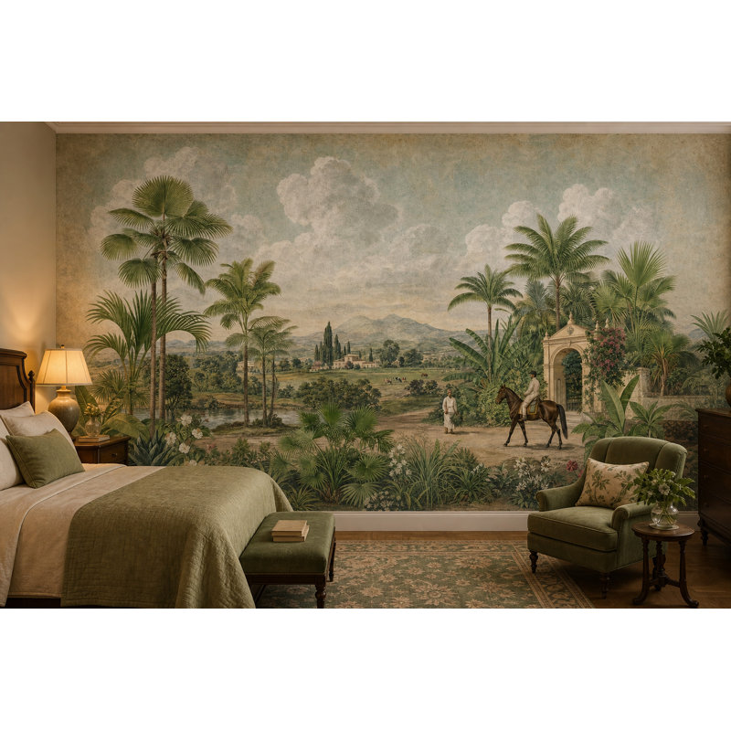 Papier peint botanique tropical discret, 100"x96", Non-Woven Nonpasted