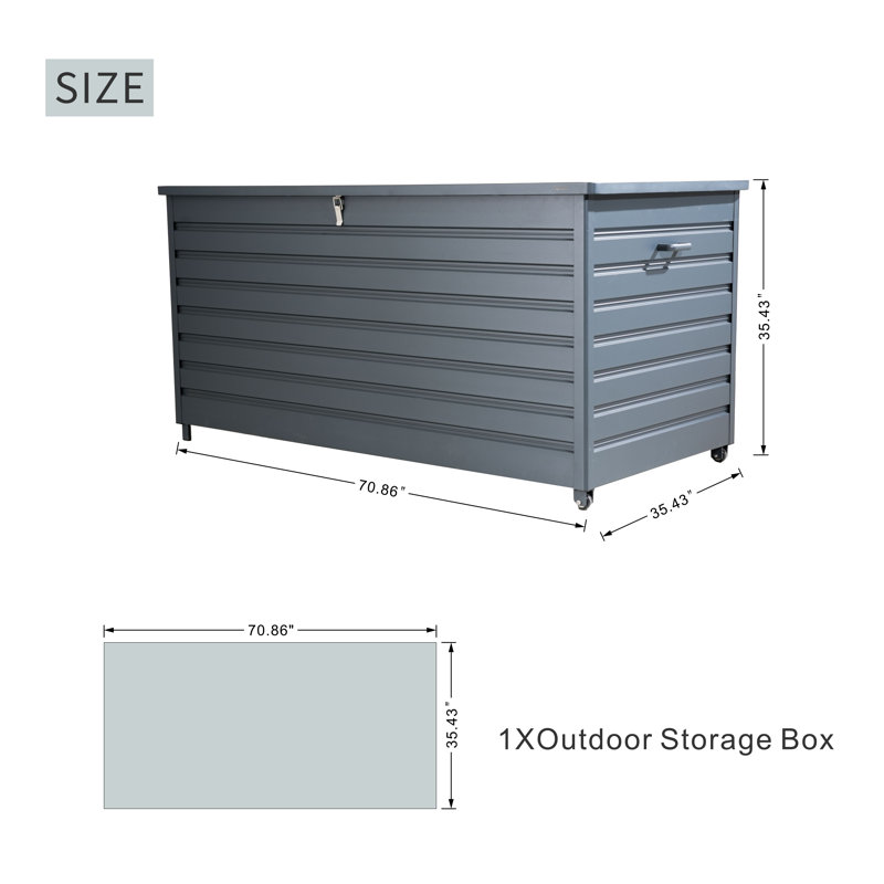 Grande boîte de rangement extérieure en aluminium 71 po avec serrure, roues et doublure imperméable