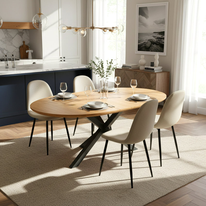 5-Piece Round Dining Table Set For 4, Natural Wood MDF Top With Black Metal Legs And Upholstered Beige Chairs, Modern Kitchen & Dining Room Furniture