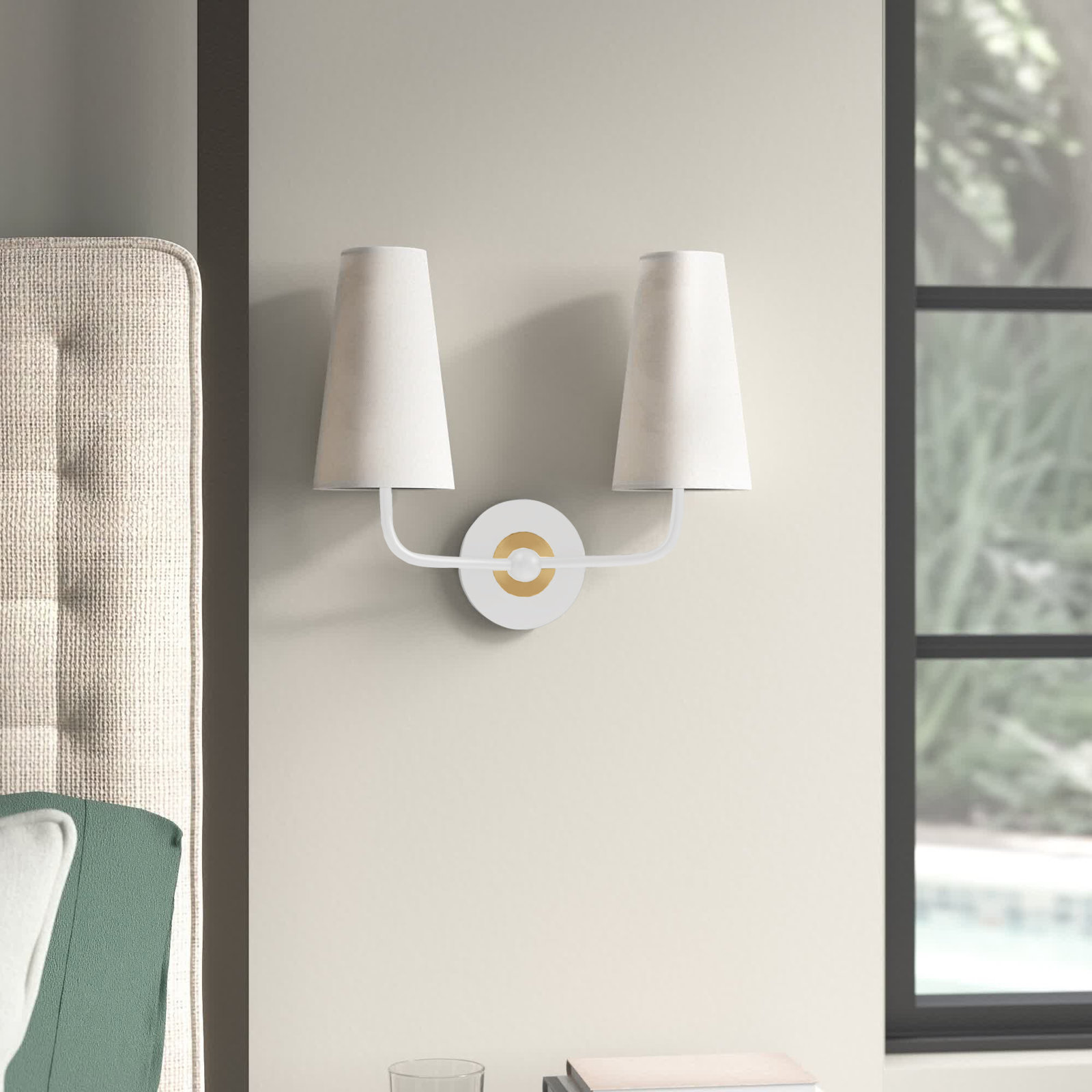 Tropez 2 Light Dimmable Armed Sconce, Aged Brass/White