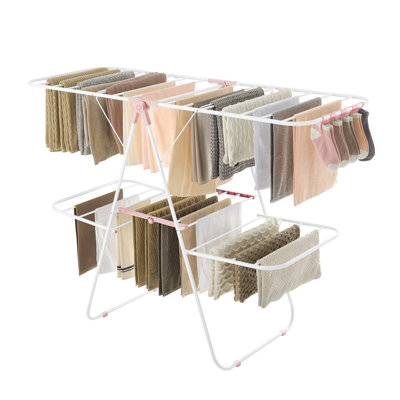 Clothes Drying Rack, Foldable 2-Level Laundry Drying Rack, Free-Standing Laundry Airer, With Height-Adjustable Wings, 33 Rails, Sock Clips