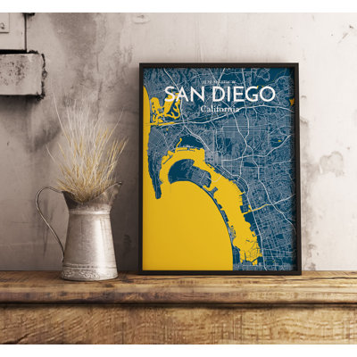 «San Diego City Map», reproduction d'impression sur affiche en bleu