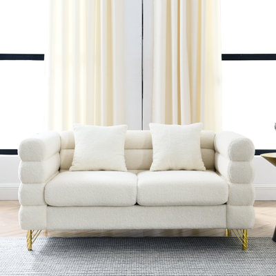 60 pouces 2 places, assise moelleuse et profonde, blanc, avec coussins, profilé moderne pour espace de vie principal confortable, moderne, bois et métal