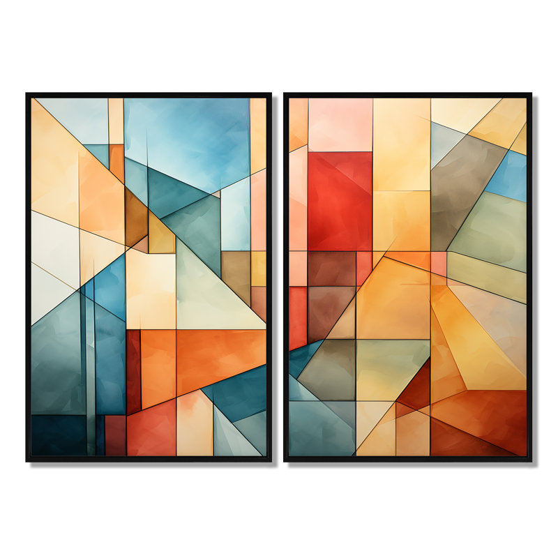«Cubism Experiment With Minimalist I», ensemble d'art mural abstrait cubisme, 36" H x 48" W, Impression encadrée flottante