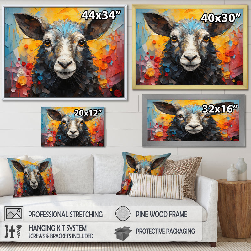 Collage de moutons colorés II sur toile, Cadre simple noir, H 24 po x l 32 po x P 1 po