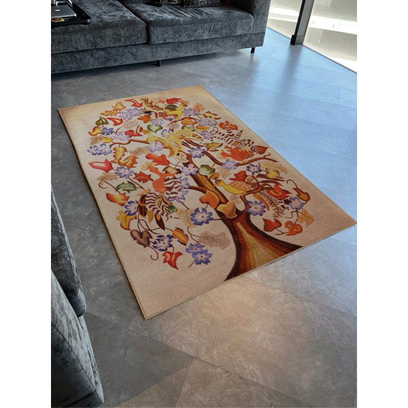 Tapis décoratif beige à motif d'arbre et de fleurs à motif abstrait beige, Rectangle 5 pi x 8 pi 3 po