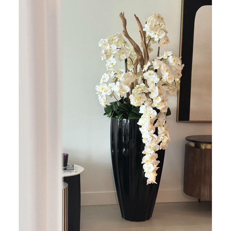 San Jose Planter In Glossy With Cascading Orchids, White, Black