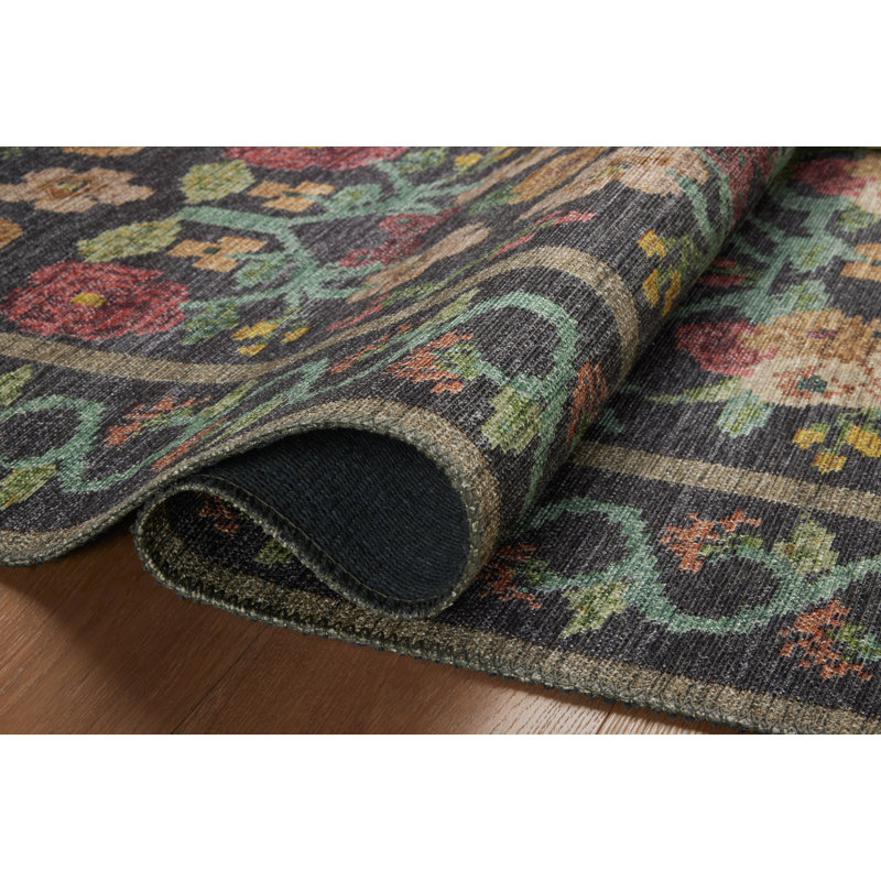 Black Floral Synthetic 5' x 7' Area Rug