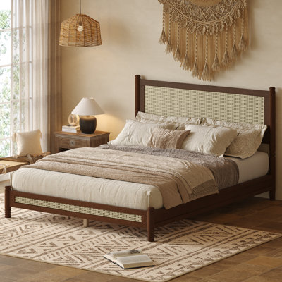 Cadre de lit Queen Size en rotin avec tête et pied de lit, style bohème, pieds tournés, plateforme en canne tressée, sommier non requis, montage facile, noyer