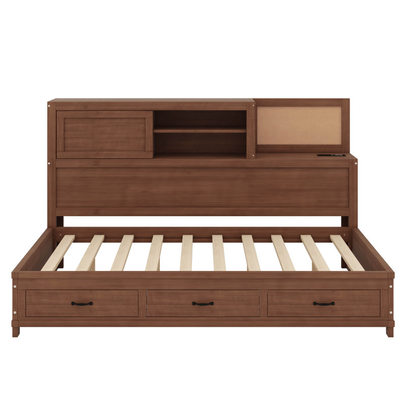 Jacksten Wooden Daybed With 3 Drawers, Upper Soft Board, Shelf, Sockets And USB Ports, Full, Gray/Natural