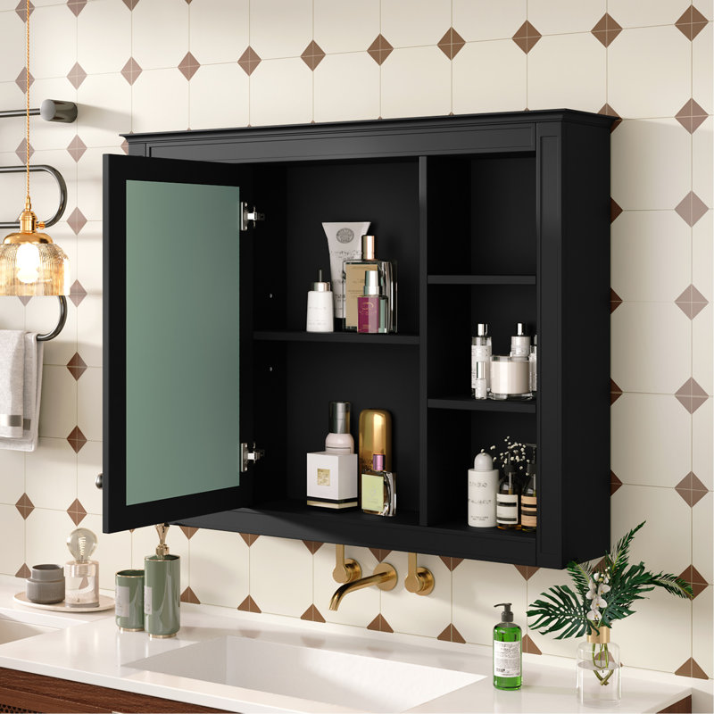 Modern Bathroom Cabinet With Mirror, 35''X27.5'', Finish, Black Wall Mounted Cabinet, Adjustable Storage, Board