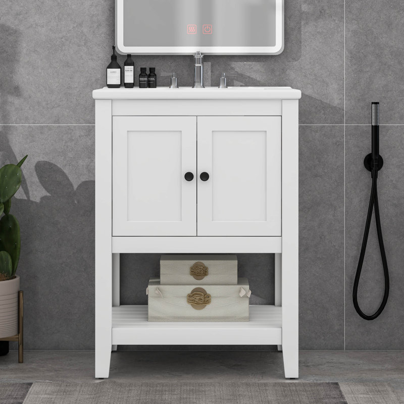 Lavabo de salle de bain moderne élégant en céramique 24 po avec tablette ouverte, Blanc