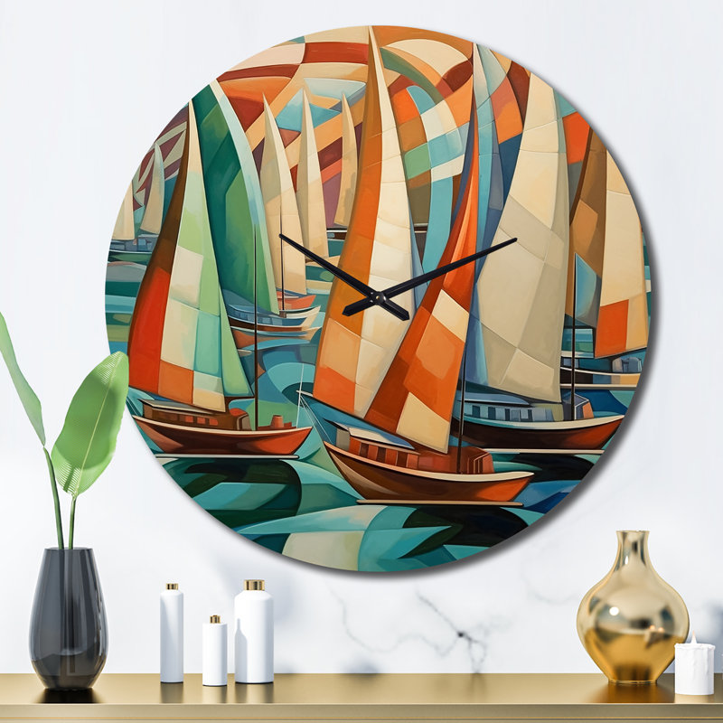 Horloge murale abstraite voiliers au coucher du soleil minimaliste II, Grand