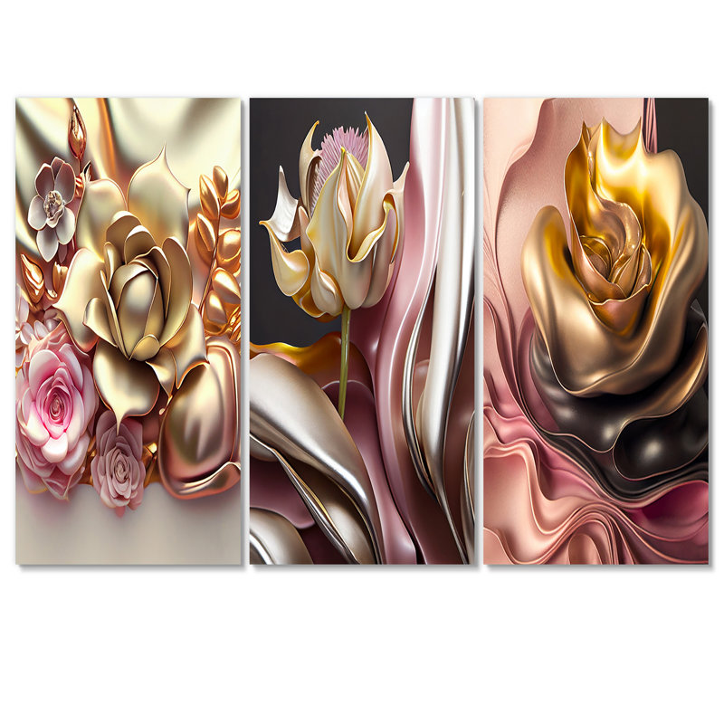 Liquide or et fleurs modernes roses IV - ensemble de 3 impressions sur toile tendue, H 32 po x l 48 po x P 1 po