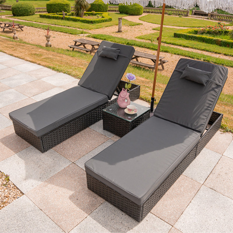 Tyndale 195cm Long Reclining Single Sun Lounger with Cushions and Table, Grey , Black