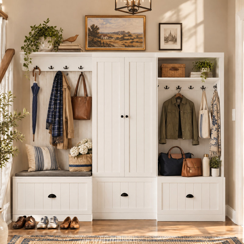 86.8" W 3-Piece Modular Hall Tree Set with 2 Benches, 10 Hooks, Shoe Storage & Cabinet