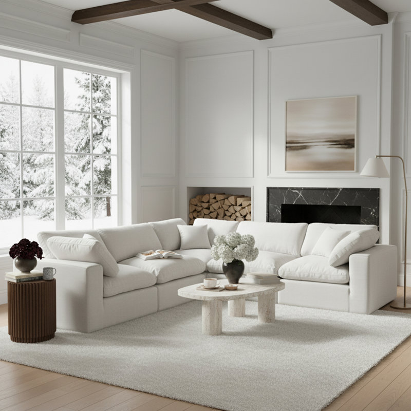 Hudhaifa Upholstered L-Shaped Sectional Reversible, White Linen Textured Fabric