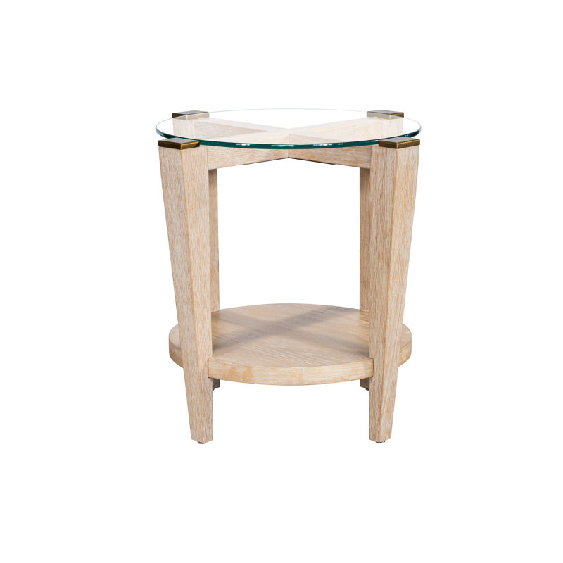 Round Bleached Oak and Glass End Table with Antique Brass Accents