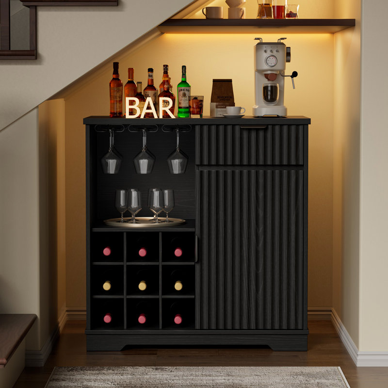 Fluted Coffee Bar Cabinet, Modern Liquor Cabinet With Glass Holder & Wine Rack, Wine Bar Cabinets With Storage, Buffet Sideboard For Living Room, Kitchen, Dining Room, Black