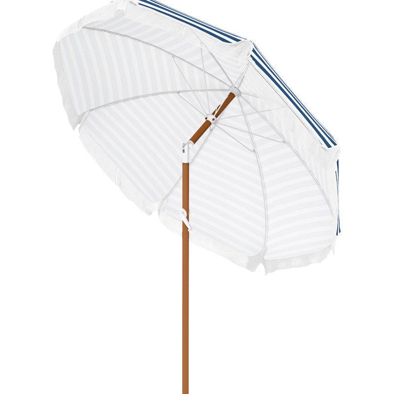 Parasol de patio extérieur 7 x 7 pi avec inclinaison, évent, parasol de table de marché avec volants à franges et volant, bande bleue