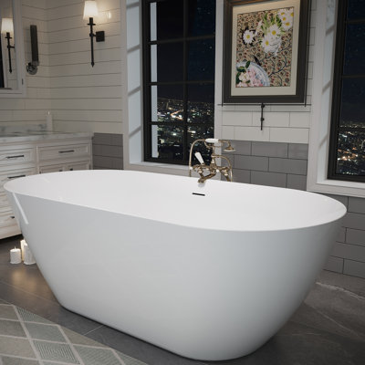 63" Acrylic Freestanding Bathtub, With Pre - Installed Drainage And Double Construction For Energy Efficient Heat Retention Deep Soaking With Composite Supports Non Porous Surface, Easy To Clean