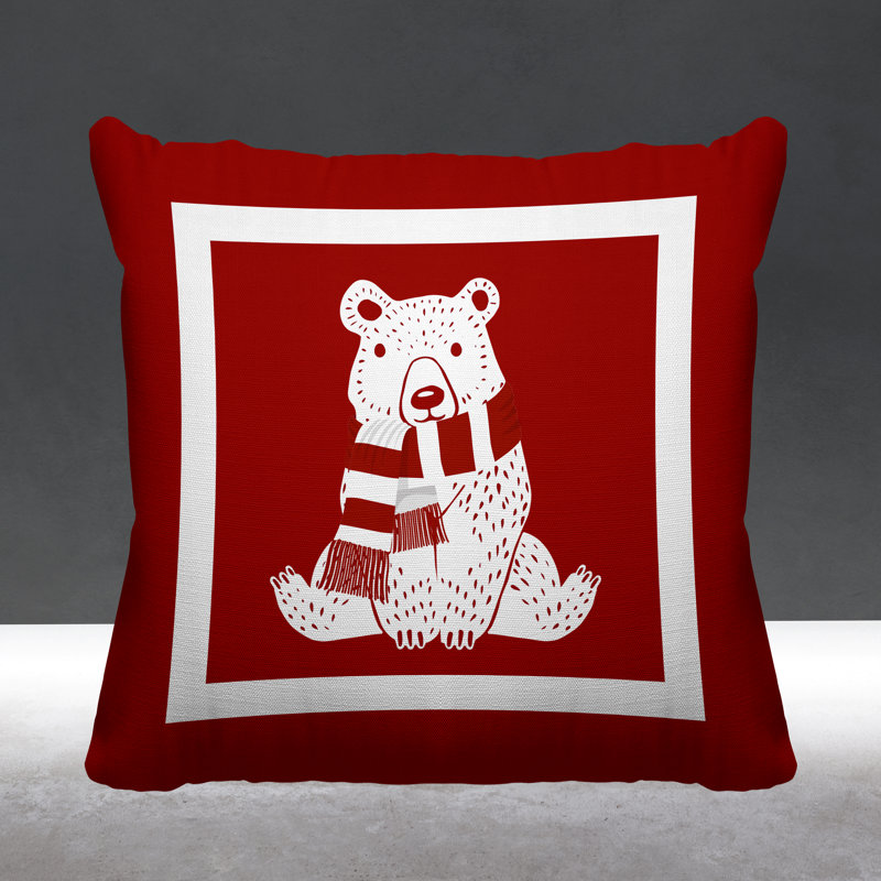 Coussin intérieur / extérieur Folk Christmas Bear, Rouge, L 19 po x H 19 po