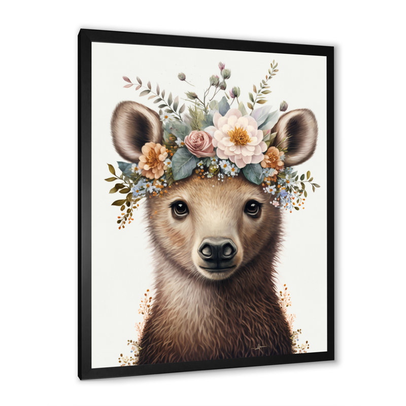 Mignon bébé ours avec couronne florale IV - animaux, art mural sur toile, L 16 po x H 32 po, Toile avec cadre photo noir