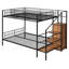Lit superposé simple au-dessus d'un lit double en métal avec étagère grillagée, échelle de rangement et garde-robe, noir