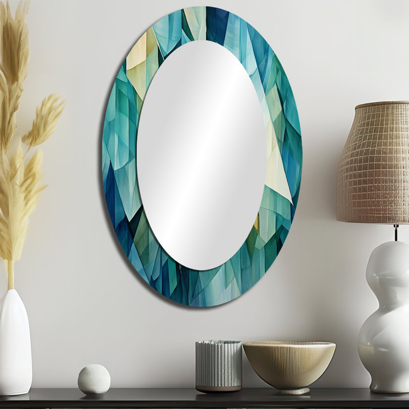 Teal Tessellations - Grand miroir mural ovale sur métal, 36 po x 24 po