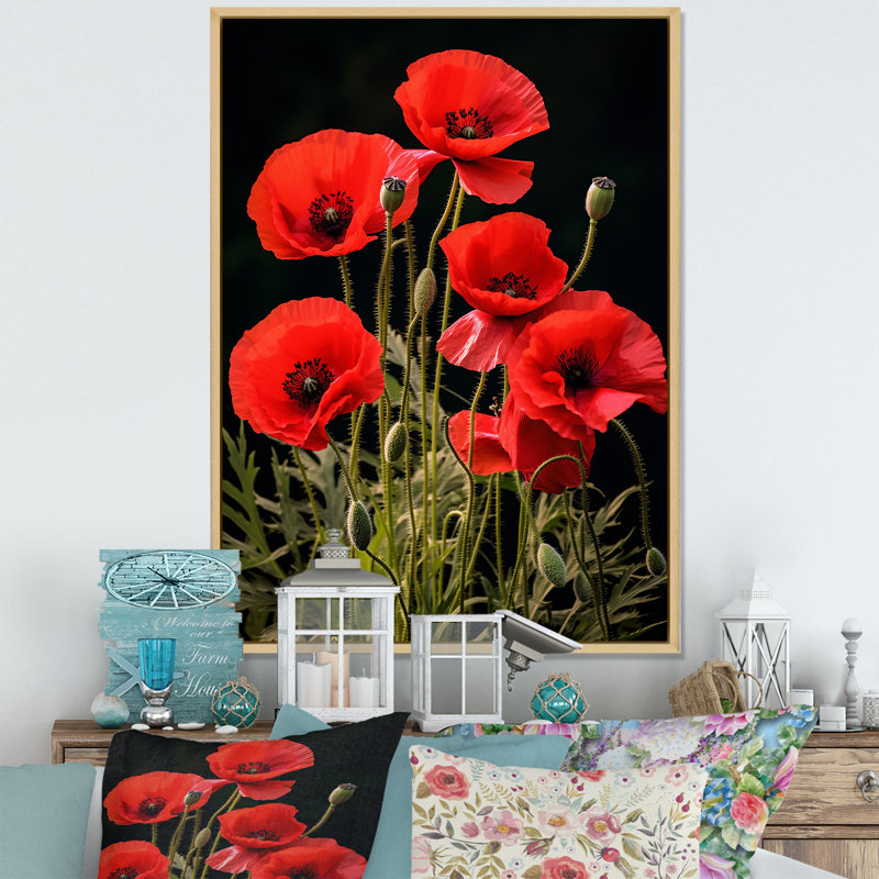 «Crimson Cascade Poppy Field», reproduction d'art sur toile, Cadre naturel flottant, H 44 po x l 34 po x P 1,5 po
