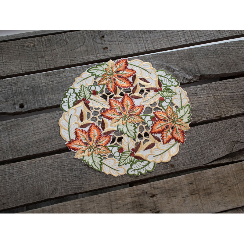 Riggleman Embroidered Cutwork Colorful Fall Maple Leaf, 11" Round