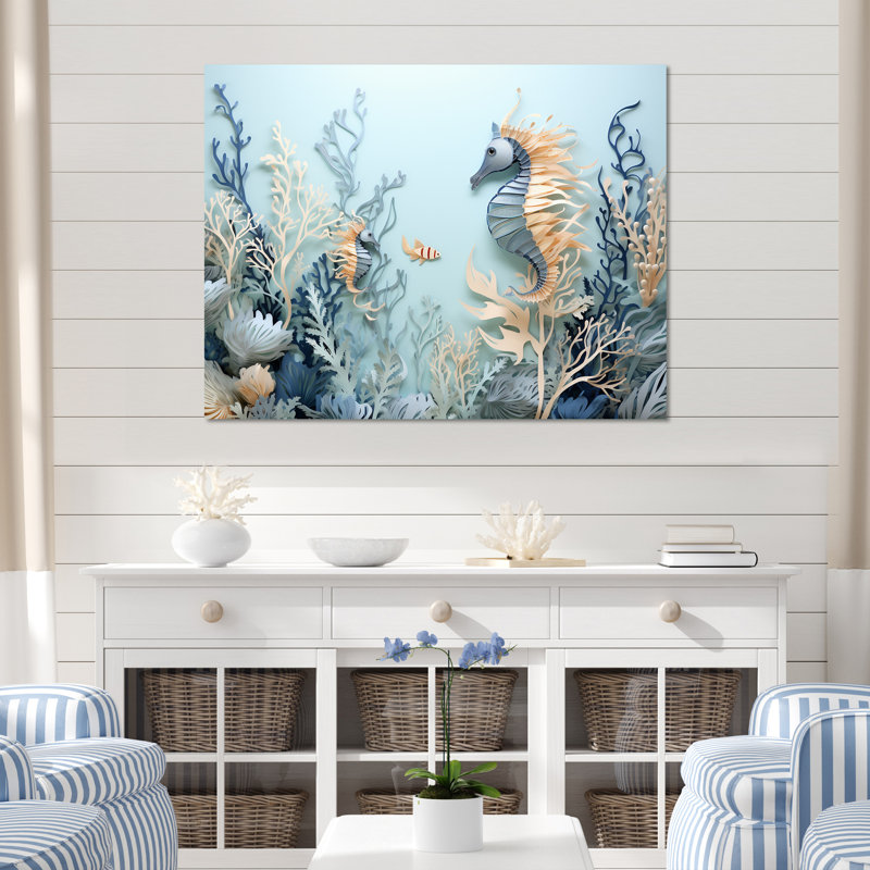Collage dansant bleu et blanc avec des dragons de mer - Décoration murale plage et océan, Toile tendue