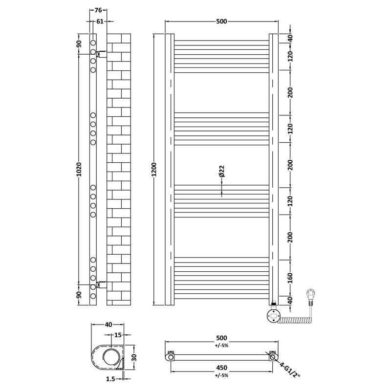 Straight Towel Rail Heated Towel Rails, 120" H x 19.7" W x 7.6" D, 723