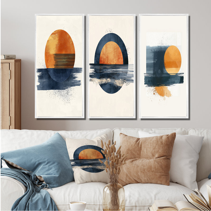 «Geometric Blue and Orange Sunrise Symmetry I», collection d'art mural moderne, H 28 po x l 36 po, Blanc