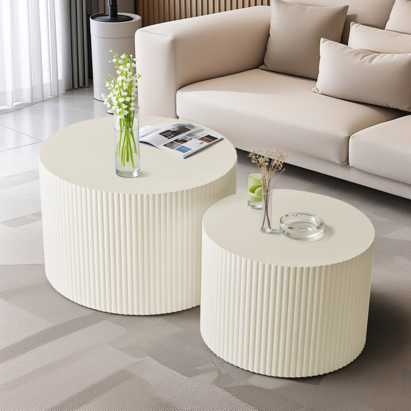 Beige Wood Wave Stripe Nesting Coffee Table Set