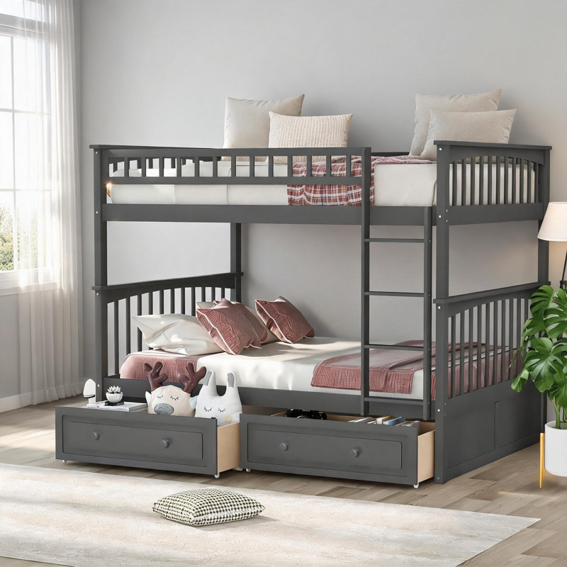 For Shared Bedrooms, Gray-toned Solid Pine Convertible Full over Full Platform Bunk Bed with Storage Drawers