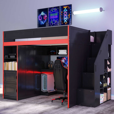 Full-Size Gaming Loft Bed with Desk, Storage, and LED Lights – Modern Teen Bedroom Furniture by Isabelle & Max